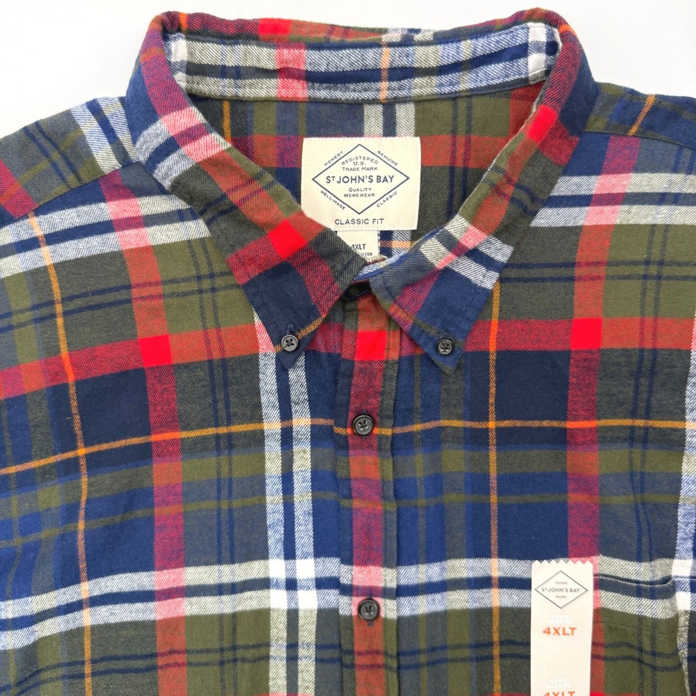 St John's Bay Button Down Mens 4XLT Multi Plaid Classic Fit Flannel Shirt Cotton
